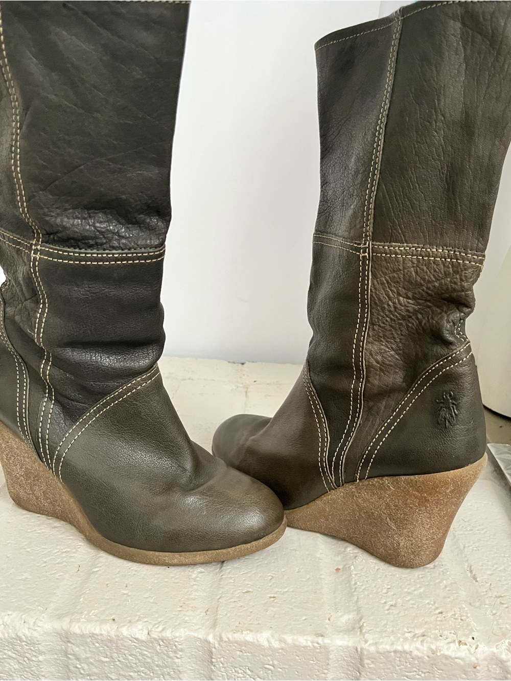 Wedge Knee-High Leather Boots in olive - fly London
